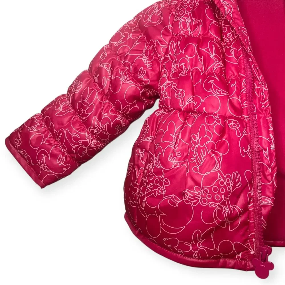 Disney Minnie Mouse Pink Puffer Jacket Toddler Girl Hooded Fleece Lined Coat 2T
